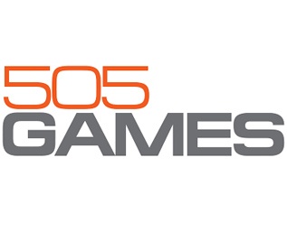 Logótipo da empresa 505 GAMES com texto 505 laranja e GAMES cinza