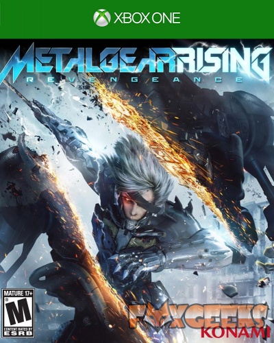 Capa do jogo METAL GEAR RISING REVENGEANCE para Xbox One com personagem robótico e explosões