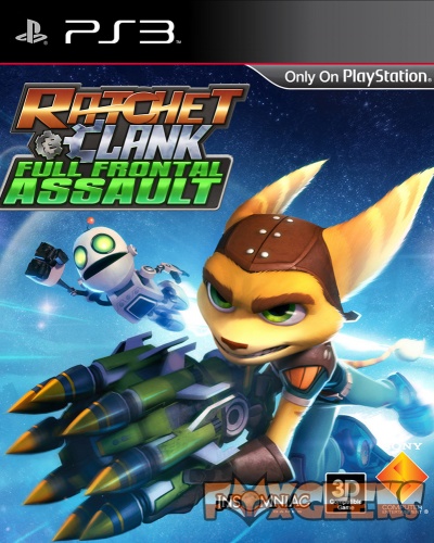 Capa do jogo Ratchet & Clank Full Frontal Assault para PS3 com personagens animados e texto colorido