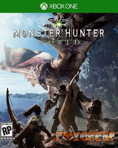 Capa do jogo Xbox One Monster Hunter World com caçadores e dragão