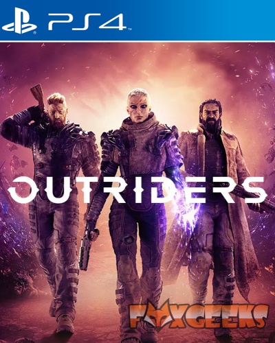 Capa do jogo OUTRIDERS para PS4 com três personagens em roupas futuristas e efeitos de luz laranja.