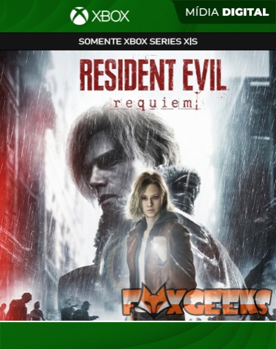 Capa digital do jogo Resident Evil Requiem para Xbox Series X|S, personagens sob chuva, texto do título e logos Xbox e FoXgeeks.