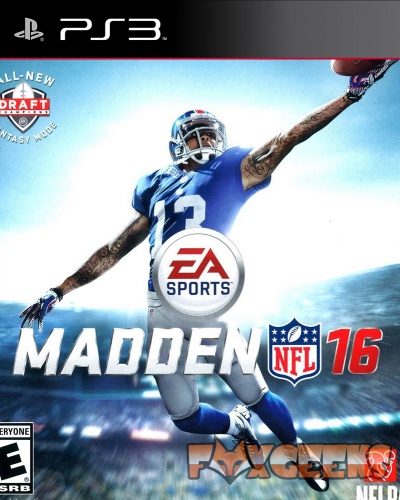 Capa do videojogo Madden NFL 16 para PS3 com jogador de futebol americano em ação