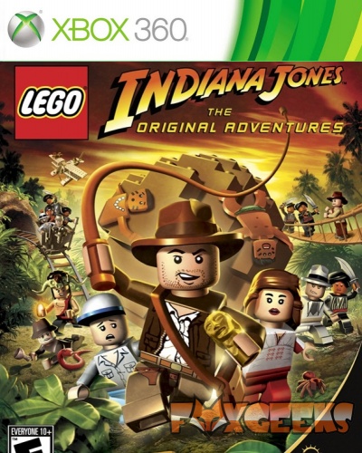 Capa do jogo LEGO Indiana Jones para Xbox 360 com personagens LEGO e fundo dourado.