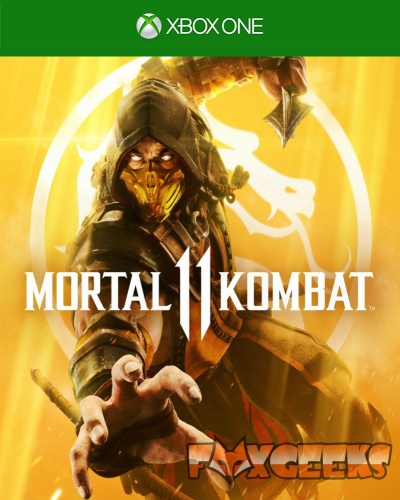 Capa do jogo Mortal Kombat 11 para Xbox One com personagem mascarado em trajes pretos e amarelos.
