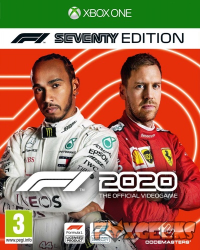 Capa do videojogo F1 2020 Seventy Edition para Xbox One com dois pilotos de Fórmula 1