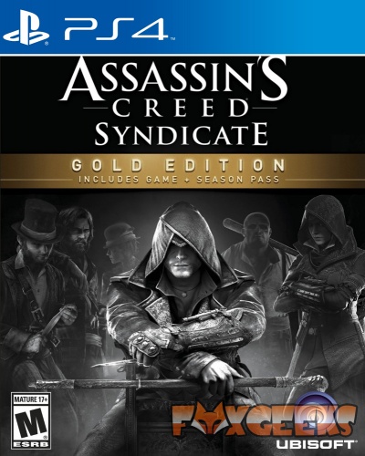 Capa do jogo PS4 Assassin's Creed Syndicate Gold Edition com ilustração de personagens e logos