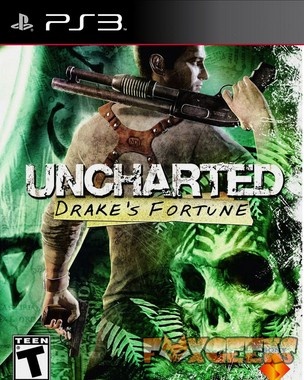 Capa do jogo Uncharted Drake's Fortune para PS3 com personagem e caveira verde