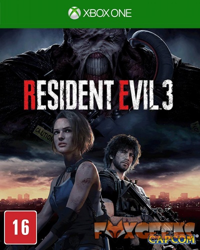 Capa do jogo Resident Evil 3 para Xbox One com personagens armados e texto