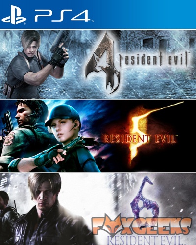 Capa de jogos Resident Evil 4, 5 e 6 para PS4 com personagens armados e nomes dos jogos.