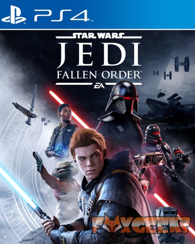 Capa do jogo PS4 Star Wars Jedi Fallen Order com personagens e naves espaciais