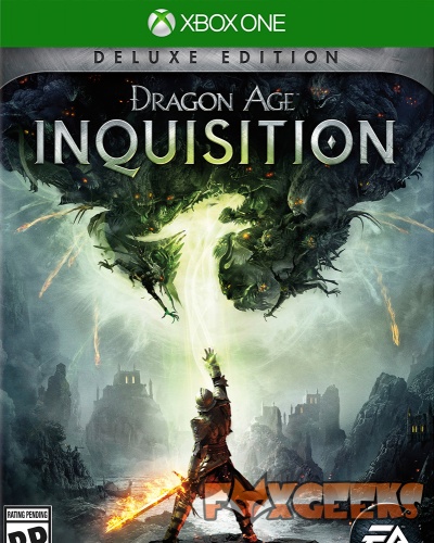 Capa do videojogo Dragon Age Inquisition Deluxe Edition para Xbox One com ilustração de guerreiro e dragão