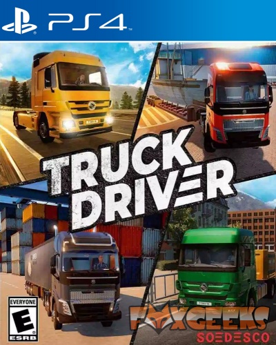 Capa do jogo PS4 TRUCK DRIVER com quatro camiões coloridos em cenários urbanos e industriais.