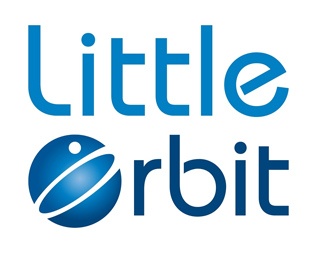 Logo com texto azul 'Little orbit' e um globo azul como letra 'o'