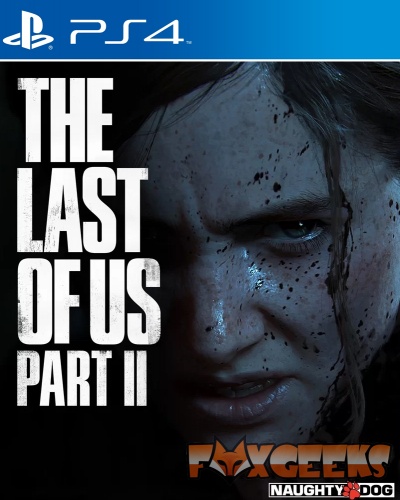 Capa do jogo PS4 The Last of Us Part II com rosto de personagem e logos FOXGEEKS e NAUGHTY DOG