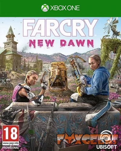 Capa do jogo Xbox One Far Cry New Dawn com duas mulheres armadas em cenário pós-apocalíptico