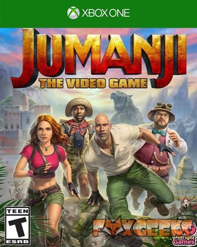 Capa do jogo Jumanji the Video Game para Xbox One com quatro personagens numa aventura