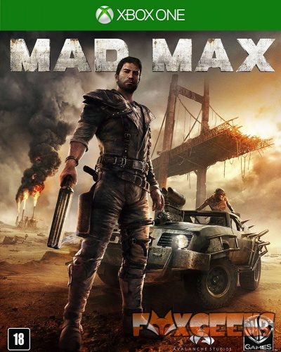 Capa do jogo Mad Max para Xbox One com homem de roupa preta e carro blindado no deserto