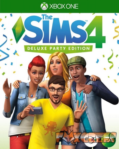 Capa do jogo The Sims 4 Deluxe Party Edition para Xbox One com quatro personagens animados