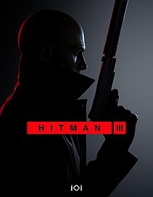 Silhueta de uma figura com arma e texto HITMAN III em fundo preto