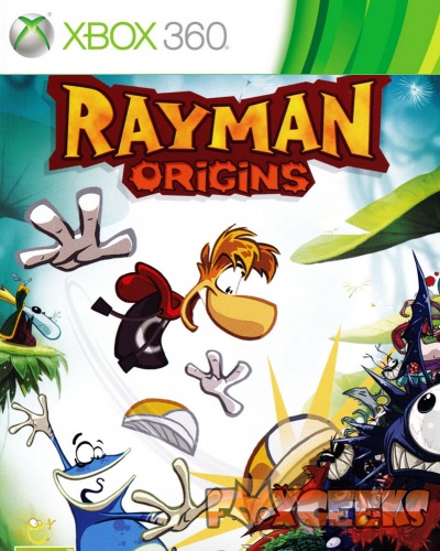 Capa do jogo Rayman Origins para Xbox 360 com personagens animados coloridos