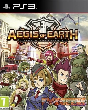 Capa do videojogo Aegis of Earth Protonovus Assault para PS3 com personagens em estilo de desenho animado