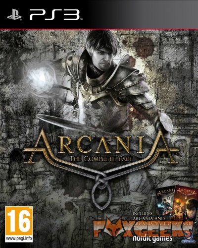 Capa do jogo PS3 ArcaniA The Complete Tale com cavaleiro e espada