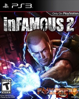 Capa do jogo inFAMOUS 2 para PlayStation 3 com personagem a emitir eletricidade azul