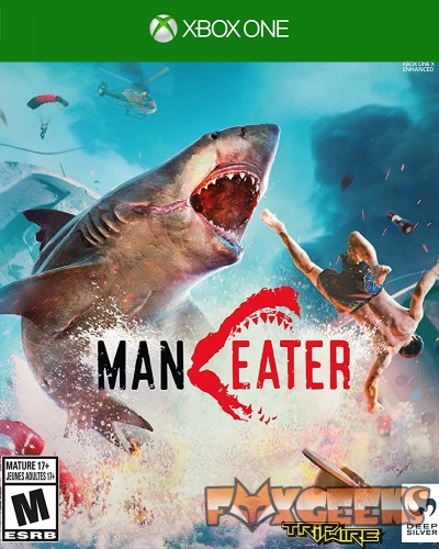 Capa do jogo Xbox One Maneater com tubarão a atacar um nadador e elementos de fundo marinho.