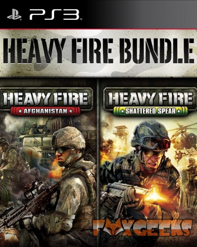Capa de videojogos PS3 com jogos Heavy Fire Afghanistan e Shattered Spear, soldados armados em cenário de guerra.