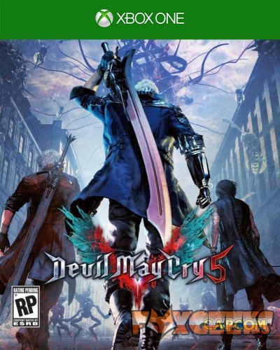 Capa do jogo Devil May Cry 5 para Xbox One com personagens e logotipos
