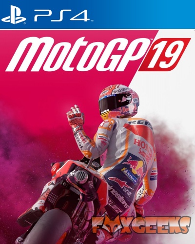 Capa do jogo MotoGP 19 para PS4 com motociclista na mota