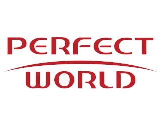 Logótipo vermelho com texto 'PERFECT WORLD' e linha curva