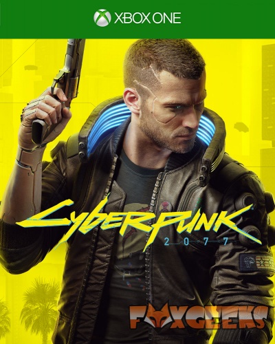 Capa do jogo Cyberpunk 2077 com homem segurando arma numa jaqueta preta e azul no fundo amarelo