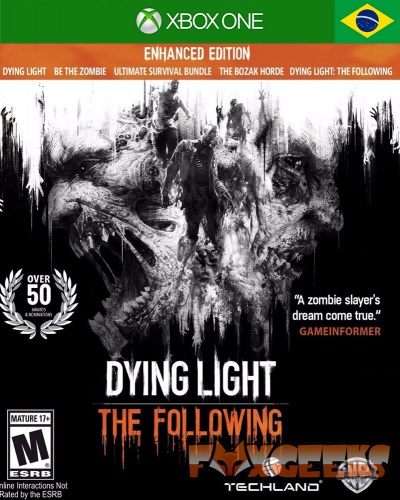 Capa do jogo Xbox One Dying Light The Following Enhanced Edition com zumbis e textos