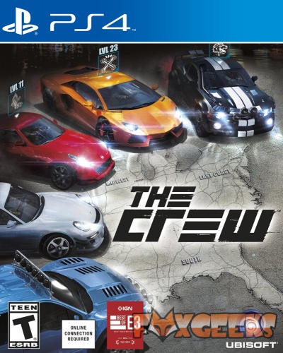Capa do jogo PS4 'The Crew' com quatro carros e mapa dos EUA