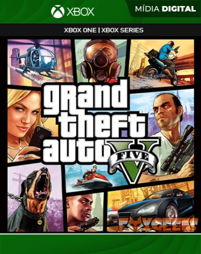 Capa do jogo Grand Theft Auto V para Xbox, imagens de personagens e veículos