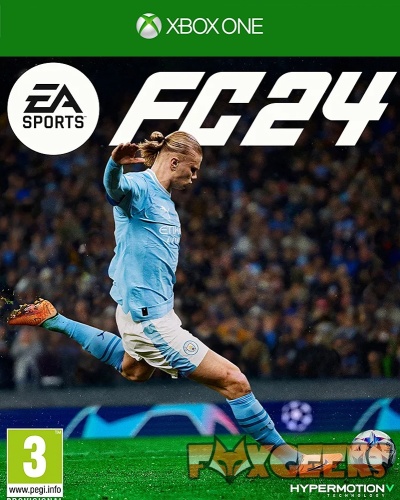 Capa do jogo EA SPORTS FC 24 para Xbox One com jogador de futebol a chutar a bola