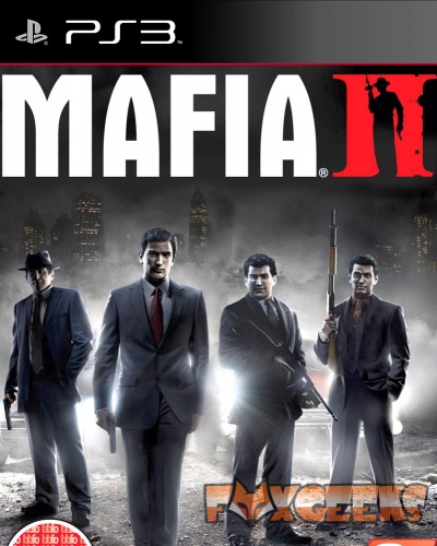 Capa do jogo Mafia II para PS3 com quatro homens em fatos e armas no fundo de cidade