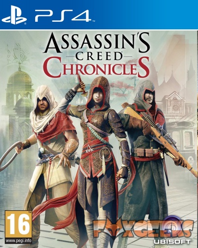 Capa do jogo Assassin's Creed Chronicles para PS4 com três assassinos e logotipos