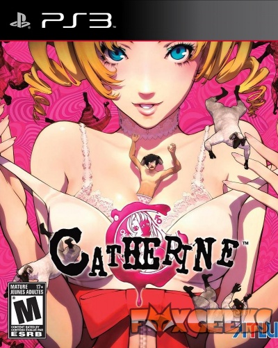 Capa do jogo PS3 Catherine com mulher loira, olhos azuis e fundo rosa