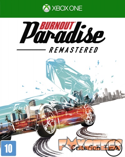 Capa do jogo Burnout Paradise Remastered para Xbox One com carro em movimento e skyline ao fundo