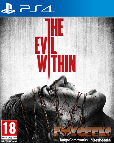 Capa do jogo PS4 THE EVIL WITHIN com rosto com arame farpado e texto vermelho