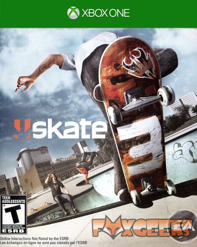 Capa do jogo Xbox One 'skate' com imagem de skater a fazer manobra e grafites ao fundo