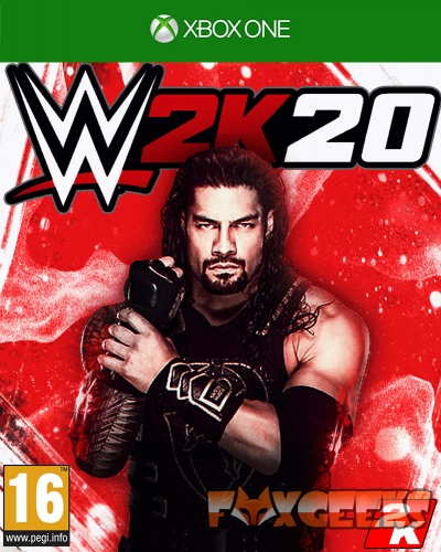Capa do jogo WWE 2K20 para Xbox One com lutador em pose, fundo vermelho e texto WWE 2K20