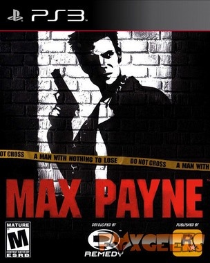 Capa do jogo Max Payne para PS3 com homem armado em preto e branco e texto em amarelo e vermelho.