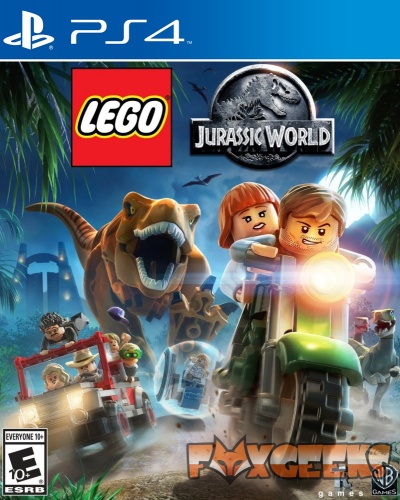 Capa do jogo PS4 LEGO Jurassic World com dinossauros e personagens LEGO numa floresta