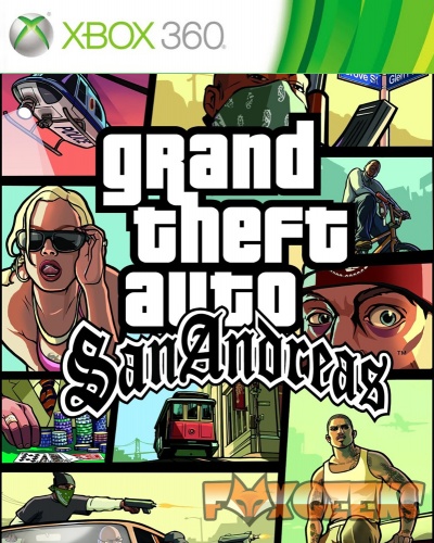 Capa do jogo Grand Theft Auto San Andreas para Xbox 360 com múltiplas ilustrações coloridas e texto em destaque