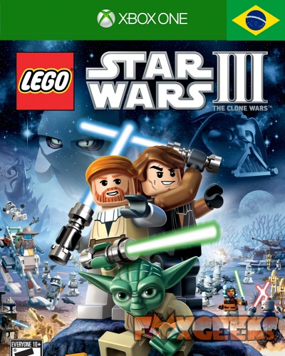 Capa do jogo LEGO Star Wars III The Clone Wars para Xbox One com personagens LEGO e sabres de luz