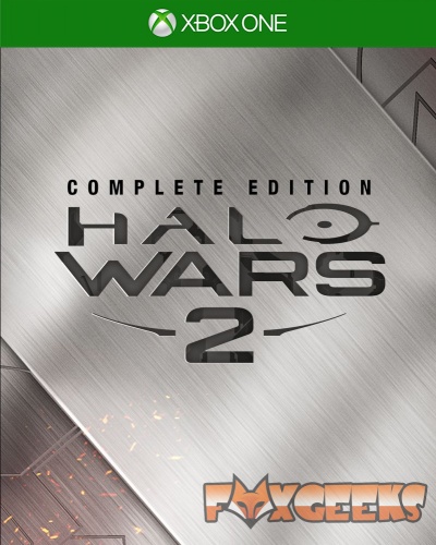 Capa do jogo Halo Wars 2 Complete Edition para Xbox One com fundo metálico prateado e logo FOXGEEKS